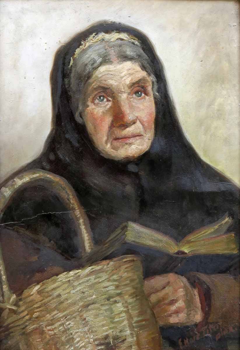 Ettore Tito /připsáno/ - Stařena s košíkem a knihou