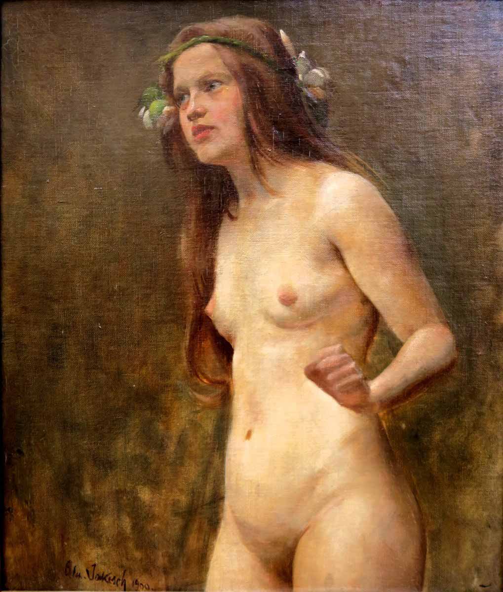 Akt dívky s květy ve vlasech