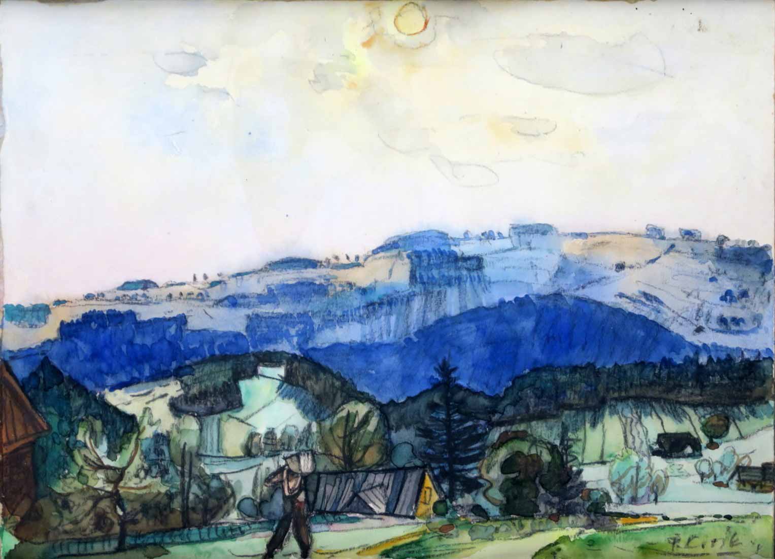 Pravoslav Kotík (1889 - 1970) - Kopcovitá krajina s chalupami