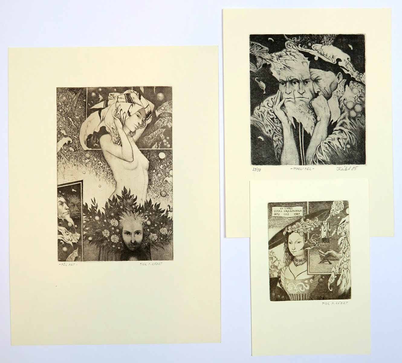 Josef Kábrt (1920 - 1989) - 3 listy - Myslitel, Půlakt, Ex libris Cranach
