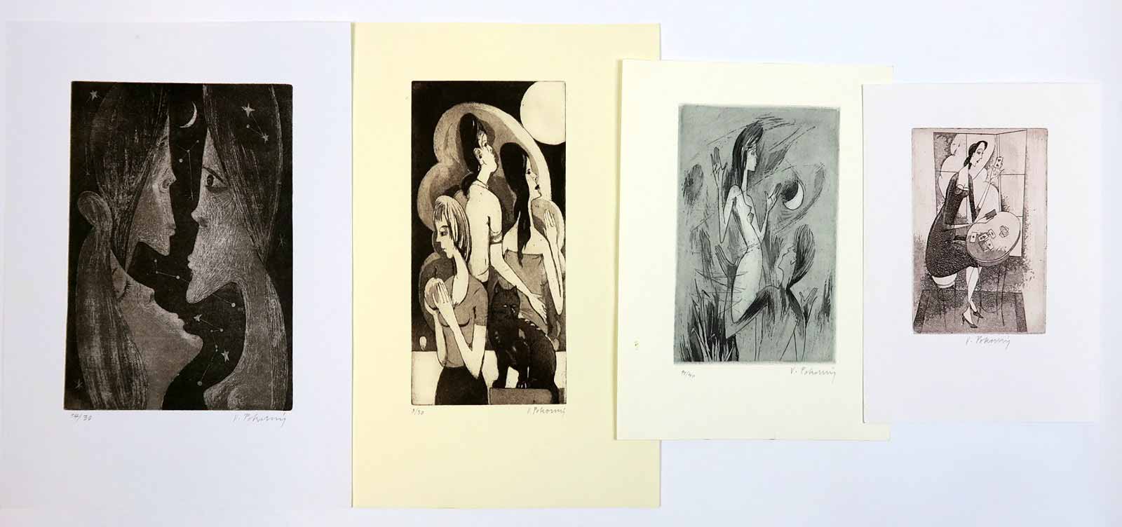 Václav Pokorný (1914 - 2005) - 4 listy - , Trojice s kočkou, Rozhovor, Milenci, Kartářka