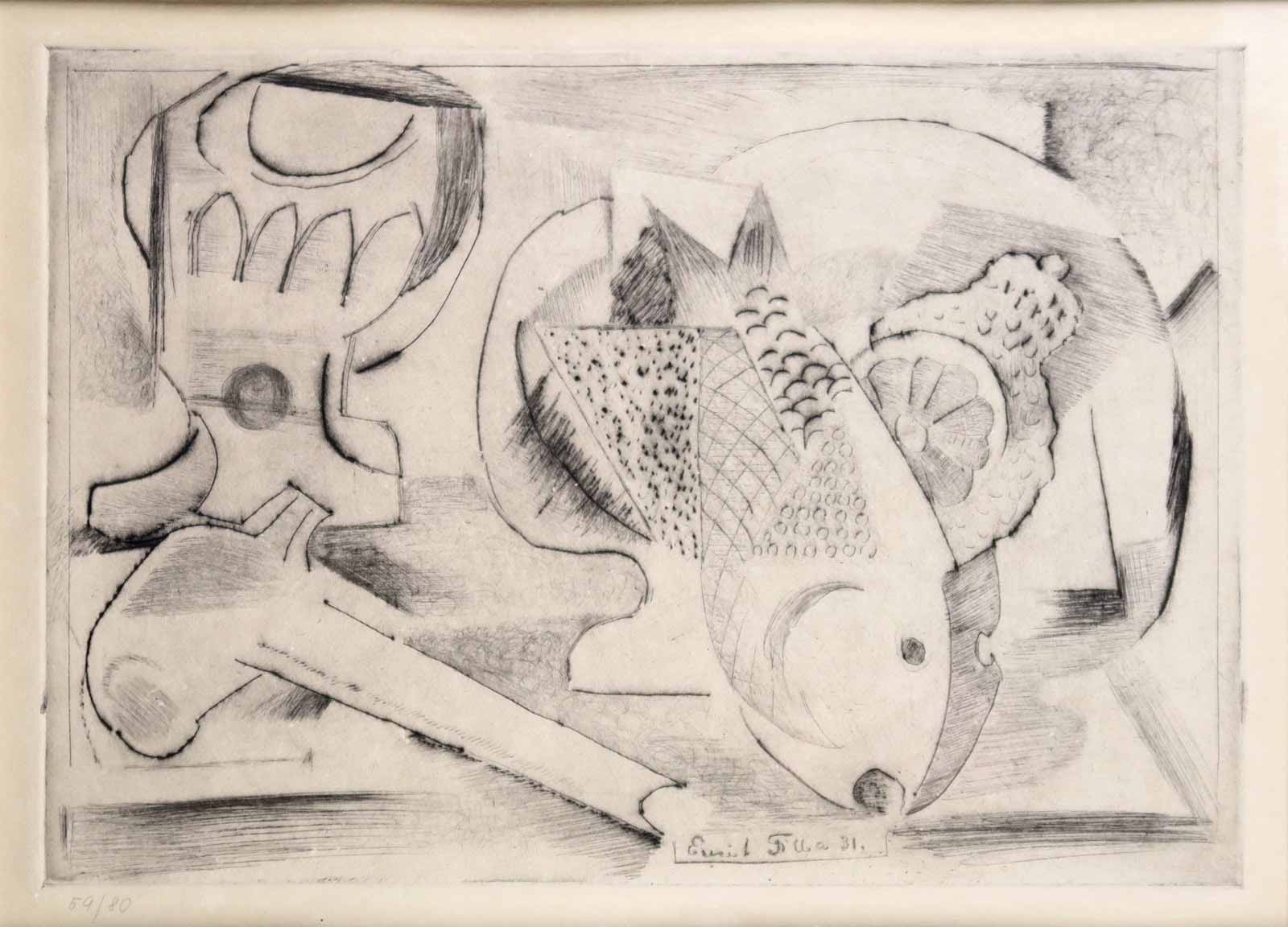 Emil Filla (1882 - 1953) - Zátiší s rybou, citrónem, sklenicí a dýmkou