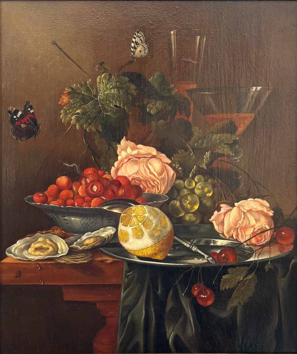 Zátiší s citronem, jahodami a růžemi