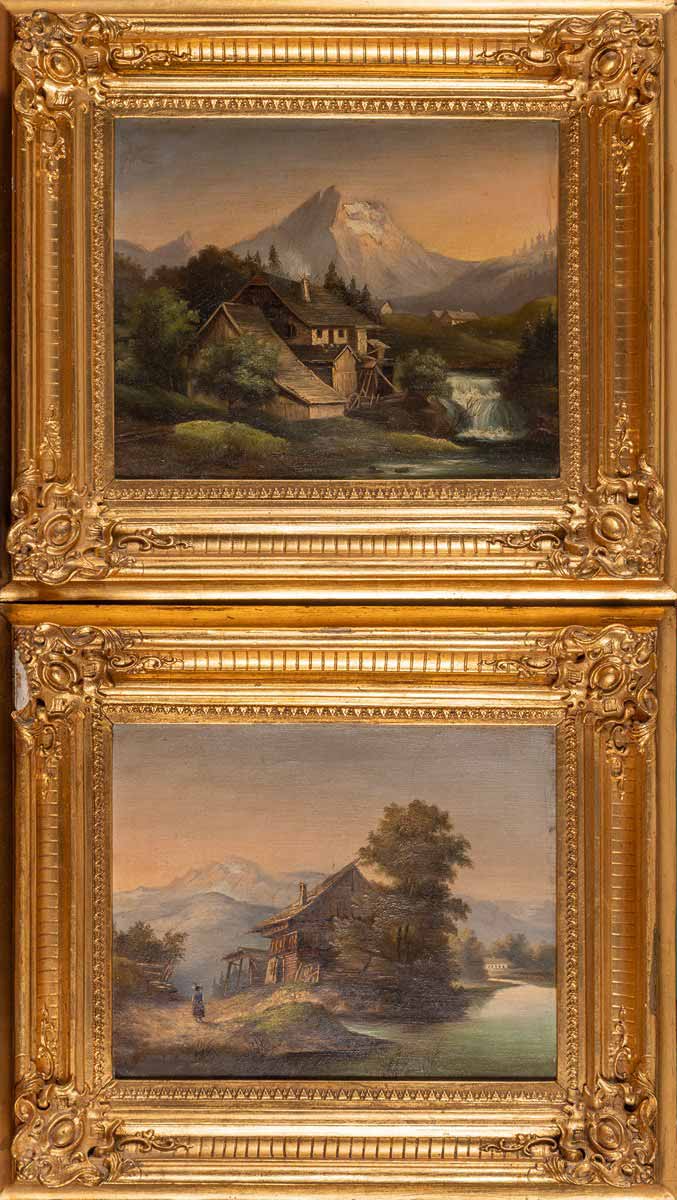 Romantické krajiny s architekturou a horami - párové obrazy