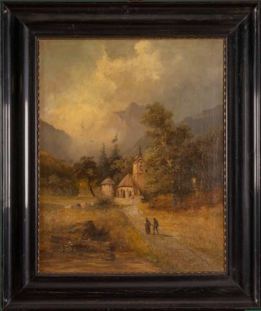 Romantická krajina s kostelíkem a poutníky