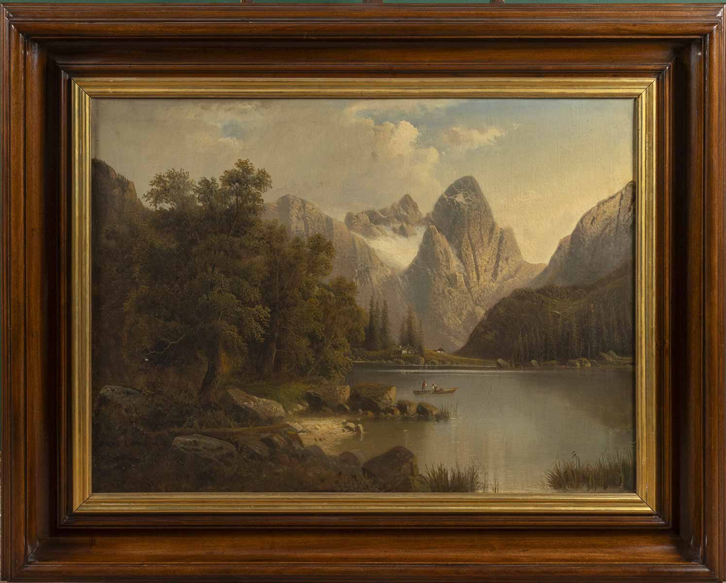 Alpská krajina s jezerem a loďkou