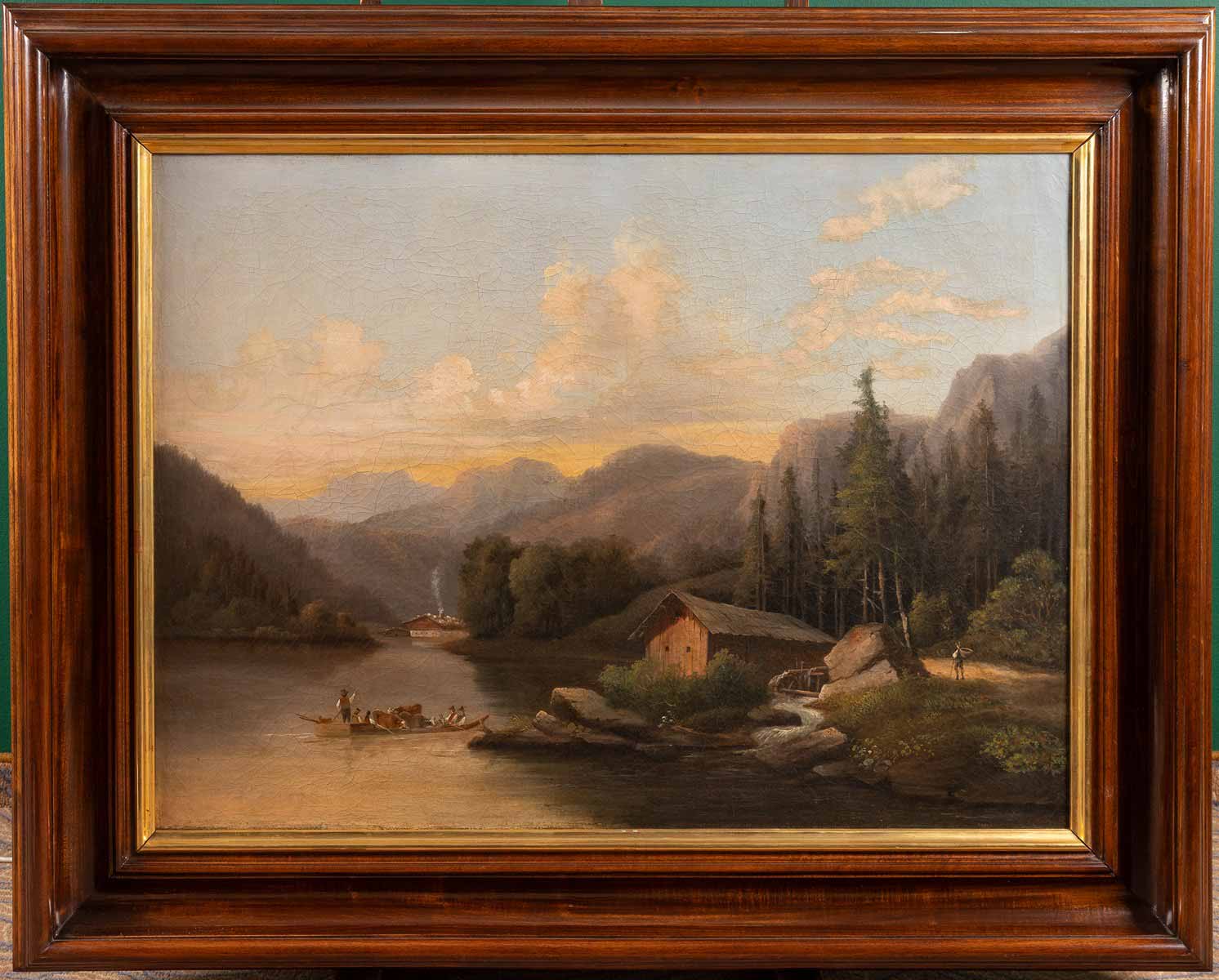 Alpská krajina s mlýnem a loďkou