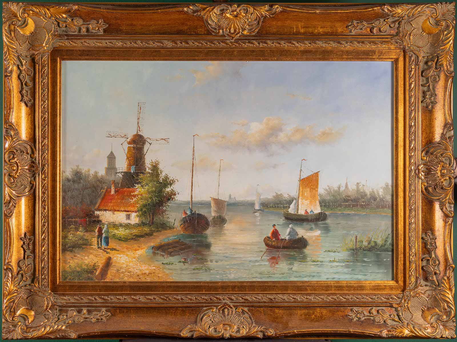 Krajina s řekou, loďkami a větrným mlýnem