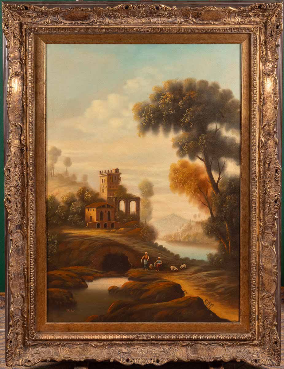 Romantická krajina s hradem, řekou a stafáží