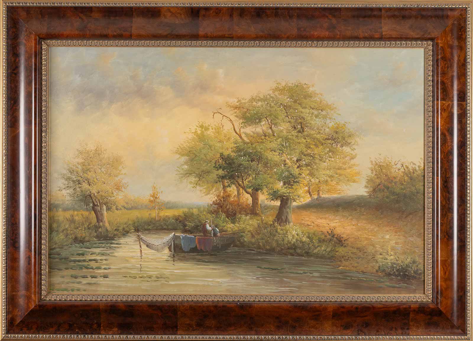 Letní krajina s rybářem na řece