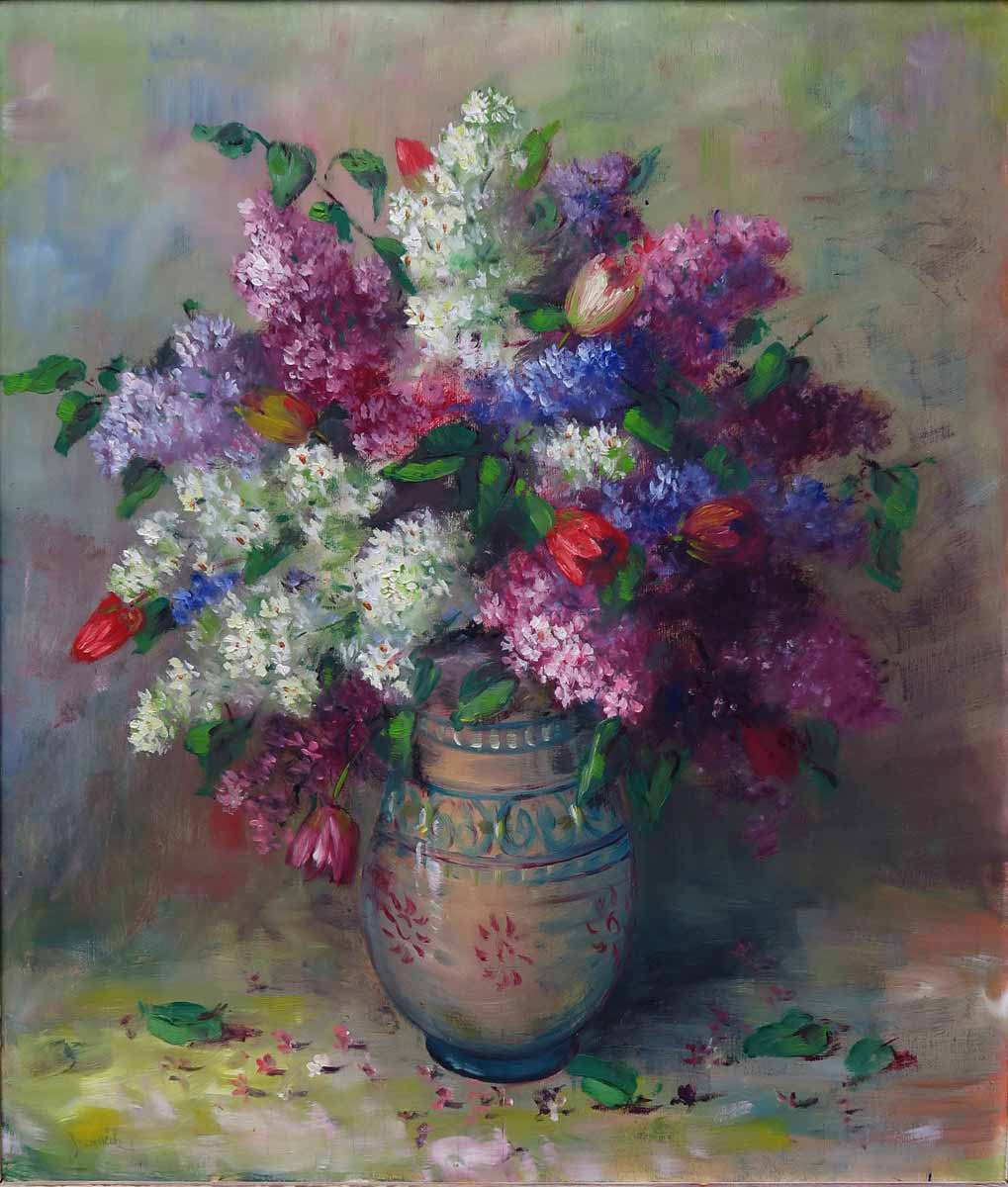 Jan Souček (1905) - Kytice šeříků a tulipánů ve džbánu